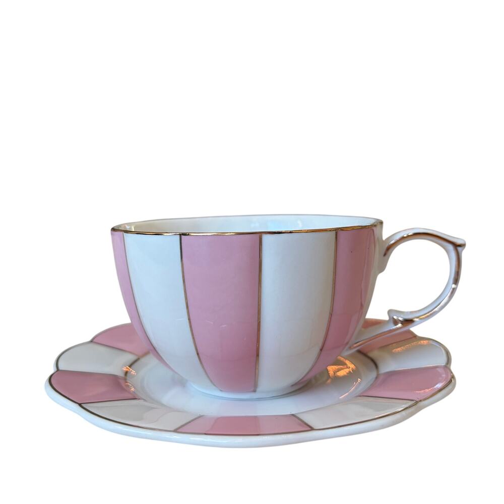 Grace Teaware Fine Porcelain Teacup & Saucer Pink White Striped Gold Accents New